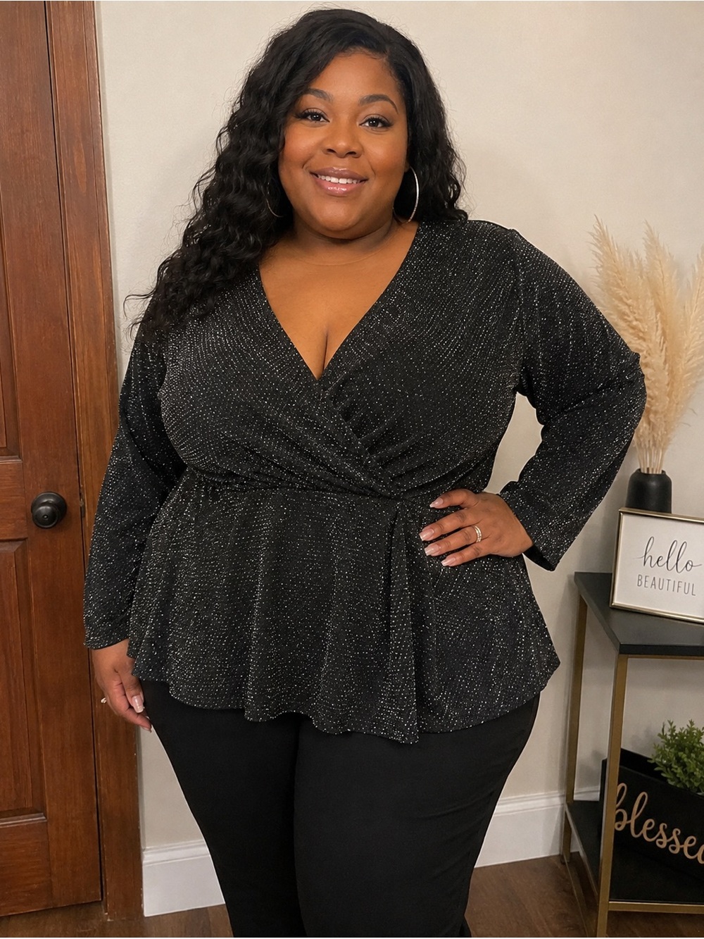 Avenue Black Silver Sparkle Wrap-Front Long Sleeve Top